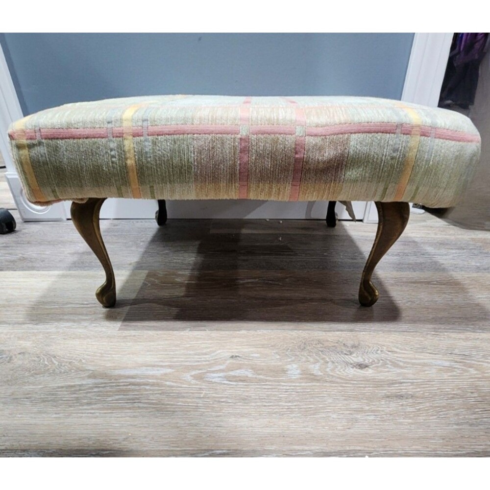 Plaid Vintage Foot Stool Ottoman Brass Cabriole Legs/Queen Anne Style